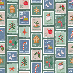 Christmas postage stamps seamless pattern. Cute vintage Xmas background. Winter holidays print for fabric, wrapping paper, textile. Hand drawn flat design vector illustration.
