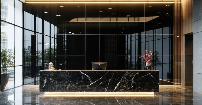 Frameless glossy black panel off modern reception area with polished marble