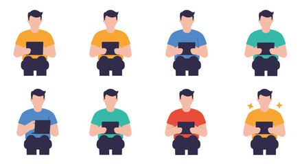 A collection of diverse men holding smartphones in various colored shirts