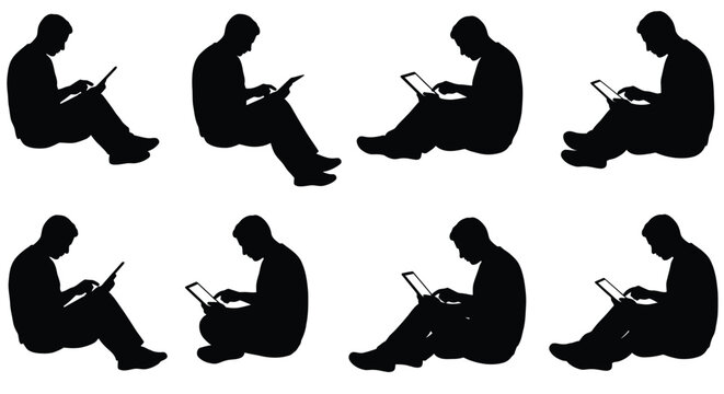 Silhouettes of people sitting and reading books in various positions