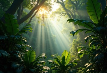Fototapeta premium Vibrant Rainforest Canopy Majestic Sunlight Rays Brighten Lush Foliage Greenery Nature Scene