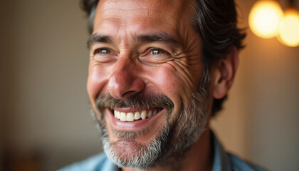 Fototapeta premium Smiling man portrait showcases genuine happiness and warmth as he looks directly at camera. Smiling man represents natural joy in face,