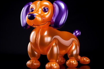 A vibrant orange and purple balloon dog sculpture standing against a black backdrop