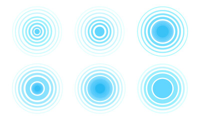 Set of blue concentric circles, spirals in cartoon style. Vector illustration of different: local pain points, sound signals, radio waves, ripples, isolated on white background.