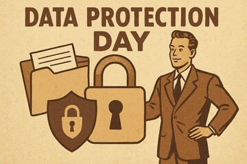Vintage Data Protection Day Illustration Promoting Security Awareness and Privacy with a Cartoon Man