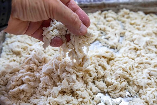 Pre-ferment Crumbly Dough Mixture in a Baking Pan, Ready for Oven