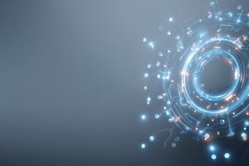 A high-tech digital design featuring glowing blue circles and intricate network connections, radiating power and futuristic concepts on dark grey background.