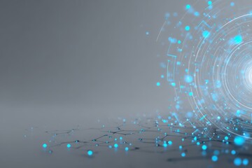 Abstract technology background with glowing blue neon lights and circular patterns, creating a futuristic network and data connection visualization, modern design.