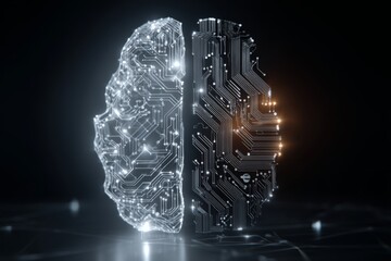 Artificial Intelligence brain circuitry representing technological advancement and neural networking, illustrating a futuristic technology concept with glowing connections.