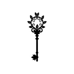 Ornate key with leaves in black ink silhouette