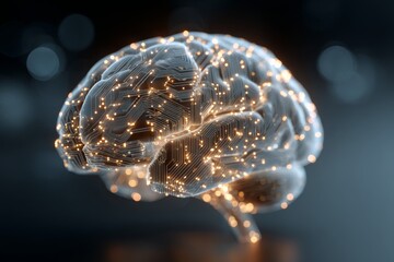 Artificial intelligence concept displaying neural network inside human brain, intricate circuit board details with glowing light, futuristic technology for innovation and thought.