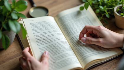 Naklejka premium Woman reads a book, reading a book in natural light on wooden table with green plants, creating a calm atmosphere. Reading a book creates sense of peacefulness with soft light, magnifying glass.