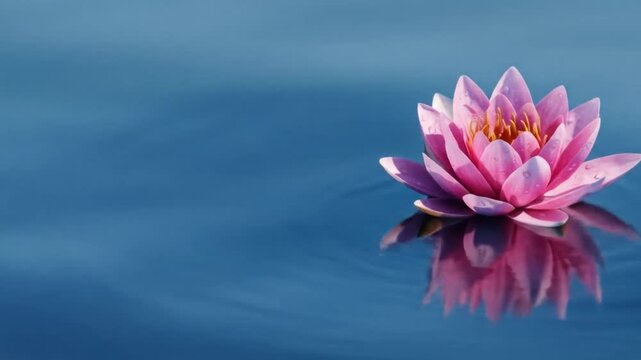 Pink water lily floating on blue water with reflection
