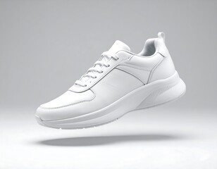 White sneaker floating on a light gray background