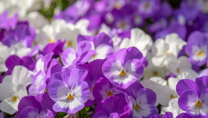 Vibrant purple and white pansies in a garden bed