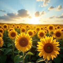 Obraz premium Vibrant Sunflower Field Dancing in the Breeze Bright Yellow Petals Against Blue Sky Warm Summer Day Floral Explosion
