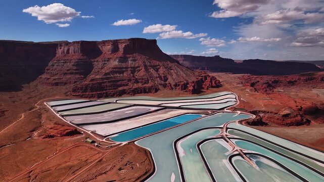 Aerial view of the contrasting colors of the evaporation ponds against the red rock formations and blue skies, Moab, Utah, United States.