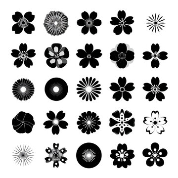 Set of black and white Japanese cherry blossom icons.