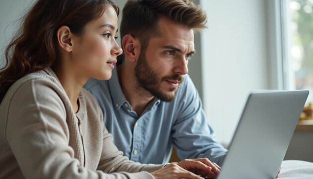 Couple using laptop indoors together, showing teamwork and efficient collaboration. Happy couple working on laptop focuses on screen, reviewing data, discussing ideas, and making decisions.