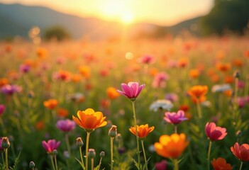 Naklejka premium Vibrant Sunrise Over Expansive Wildflower Meadow Full of Color and Life