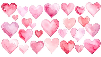 Watercolor hearts in various shades of pink