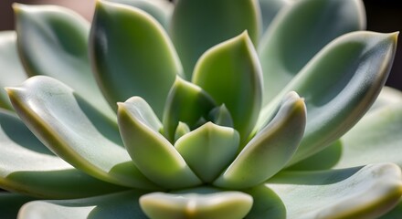 Fototapeta premium A close up of a succulent rosette reveals pale green leaves and intricate patterns under soft lighting. A celebration of nature's beauty and botanical detail.