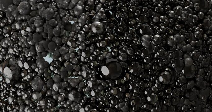 3D stylized animation of dark mold,bubbles fill the screen. Textured background,black grain, caviar, dark moss covers the screen.