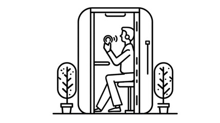 Obraz premium Line art illustration of a person working inside a soundproof office pod.