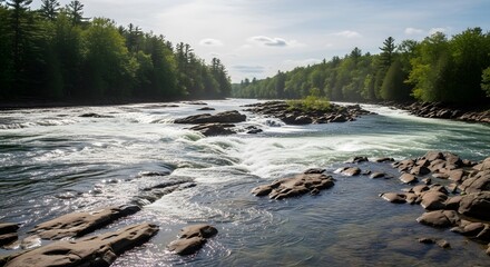 Scenic view of a river flowing through a rocky landscape, surrounded by a lush green forest under a bright sunny sky, capturing nature's beauty and peacefulness in an outdoor setting.