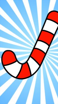 Minimalist vector illustration of a red and white candy cane on a blue radial striped background