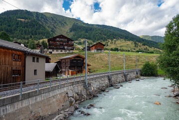 River Rotten and village of Reckingen in Switzerland
