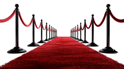 Transparent Cutout, Luxurious Red Carpet with Elegant Chrome Stanchions and Plush Velvet Ropes, Symbolizing Prestige, Exclusive Celebrity Events, and Vip Entrance