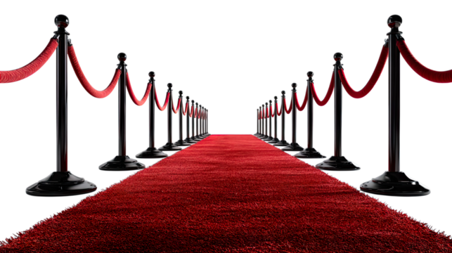 Transparent Cutout, Luxurious Red Carpet with Elegant Chrome Stanchions and Plush Velvet Ropes, Symbolizing Prestige, Exclusive Celebrity Events, and Vip Entrance - Powered by Adobe