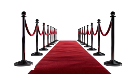 Transparent Png of a Luxurious Red Carpet Event Entrance, Flanked by Elegant Chrome Stanchions with Plush Red Velvet Ropes, Signifying Exclusivity and Prestige