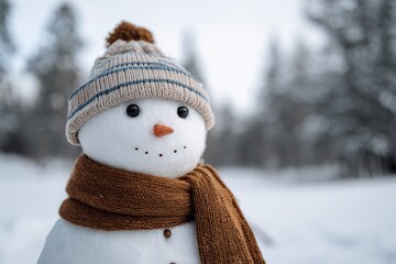 A smiling snowman with a beige knit hat, carrot nose, black button eyes, and a brown knitted scarf stands in a snowy forest with trees blurred in the background