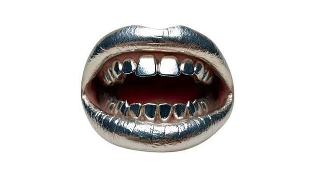 Transparent Png of an Open Mouth with Wrinkled Metallic Silver Lips and Shiny Silver Teeth, Featuring a Conceptual Fashion and Luxury Aesthetic