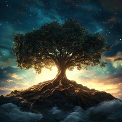 Wisdom s tree ancient oak with deep roots reaches for a starlit sky basking in ethereal sunset glow