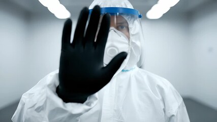 A healthcare worker dressed in protective gear, with protective gown and protective face shield, stands in a room. The healthcare worker ensures safety through protective equipment