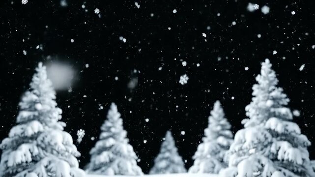Snowflakes gently fall around snowy trees, enhancing the snowy scene. The snowy landscape is peaceful as snowflakes continue to blanket the snowy forest area.