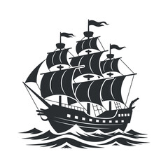 Sailing Ship Silhouette Vector Graphic On Water Waves Seafaring Vessel Isolated Drawing