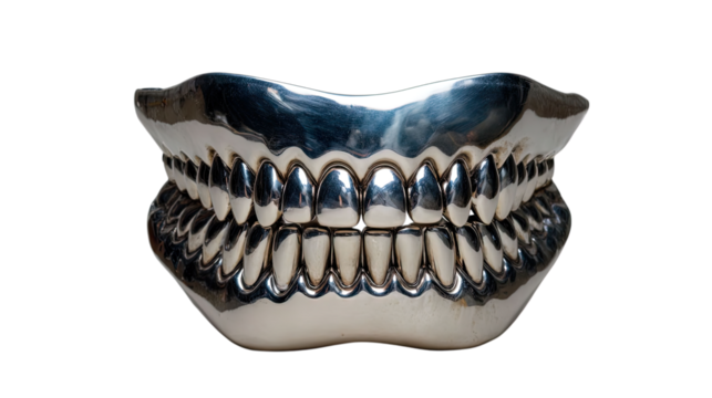 Transparent Png of a Gleaming Metallic Teeth Sculpture, Reflecting a Sleek, Modern, and Artistic Aesthetic, a Captivating Dental Art Object on a Pristine Background
