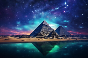 Majestic pyramids reflecting in tranquil waters under a vibrant cosmic sky at twilight