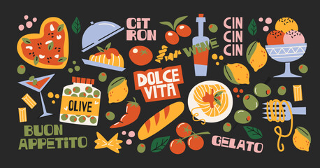 Italian food and culture stickers set in retro cartoon style. Food and drink: pizza, pasta, wine, tomato. Illustration in funky, doodle style, trendy labels set. © Limpreom