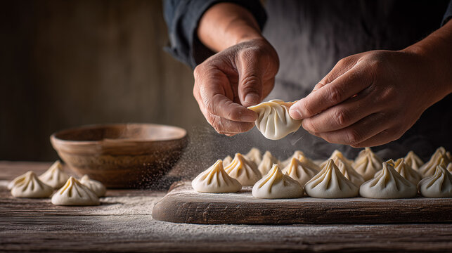 Close-up of hands skillfully folding traditional dumplings on rustic wooden table - Powered by Adobe