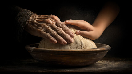 Old and young hands kneading dough together symbolizing heritage and generations