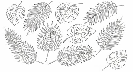 Botanical Whispers: A monochrome illustration of an array of tropical leaves, each intricately detailed, arranged to create a sense of natural elegance.