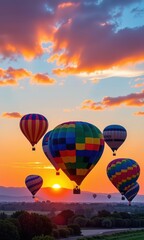 Fototapeta premium Colorful hot air balloons float across a vibrant sunset sky, creating a whimsical and cheerful header background, colorful, graphic