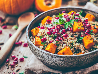 Quinoa salad with roasted pumpkin and pomegranate in a bowl  