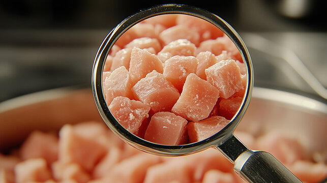 Raw meat cuts viewed through a magnifying glass. Food safety, quality, health, and dietary concepts