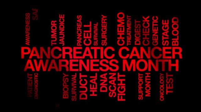 Pancreatic Cancer Awareness Month concept Animated Tag Word Cloud kinetic typography, Text Design Animation typography seamless loop video motion graphics Intro red type on black bg backgrou